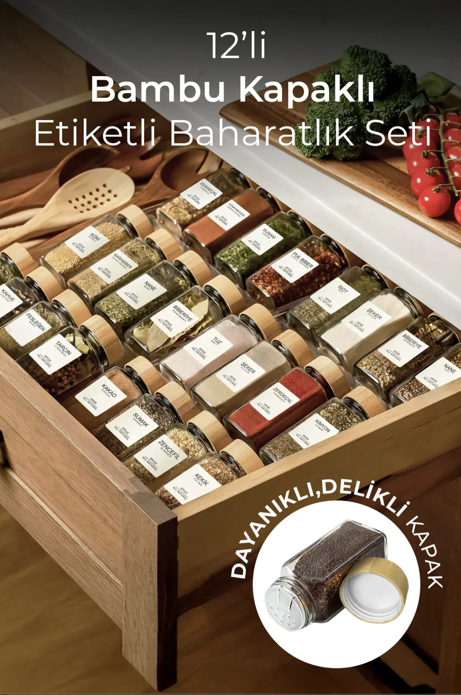 Kitchen Life 12’li Bambu Kapaklı Kare Cam Baharatlık Takımı / 40 Adet Etiket Hediyeli / 12 Li Baharatlık Seti
