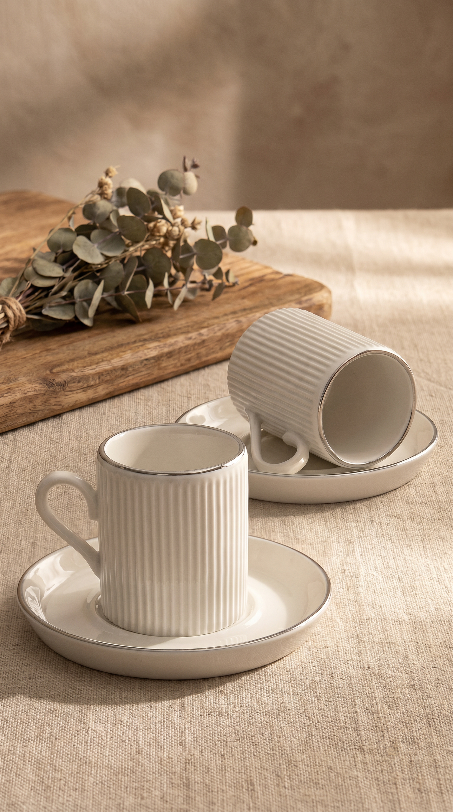 Kitchen Life Özel Tasarım Gümüş 12 Parça 6 Kişilik Çizgili Kahve Fincan Takımı 100 Ml - Kahve Fincan Seti