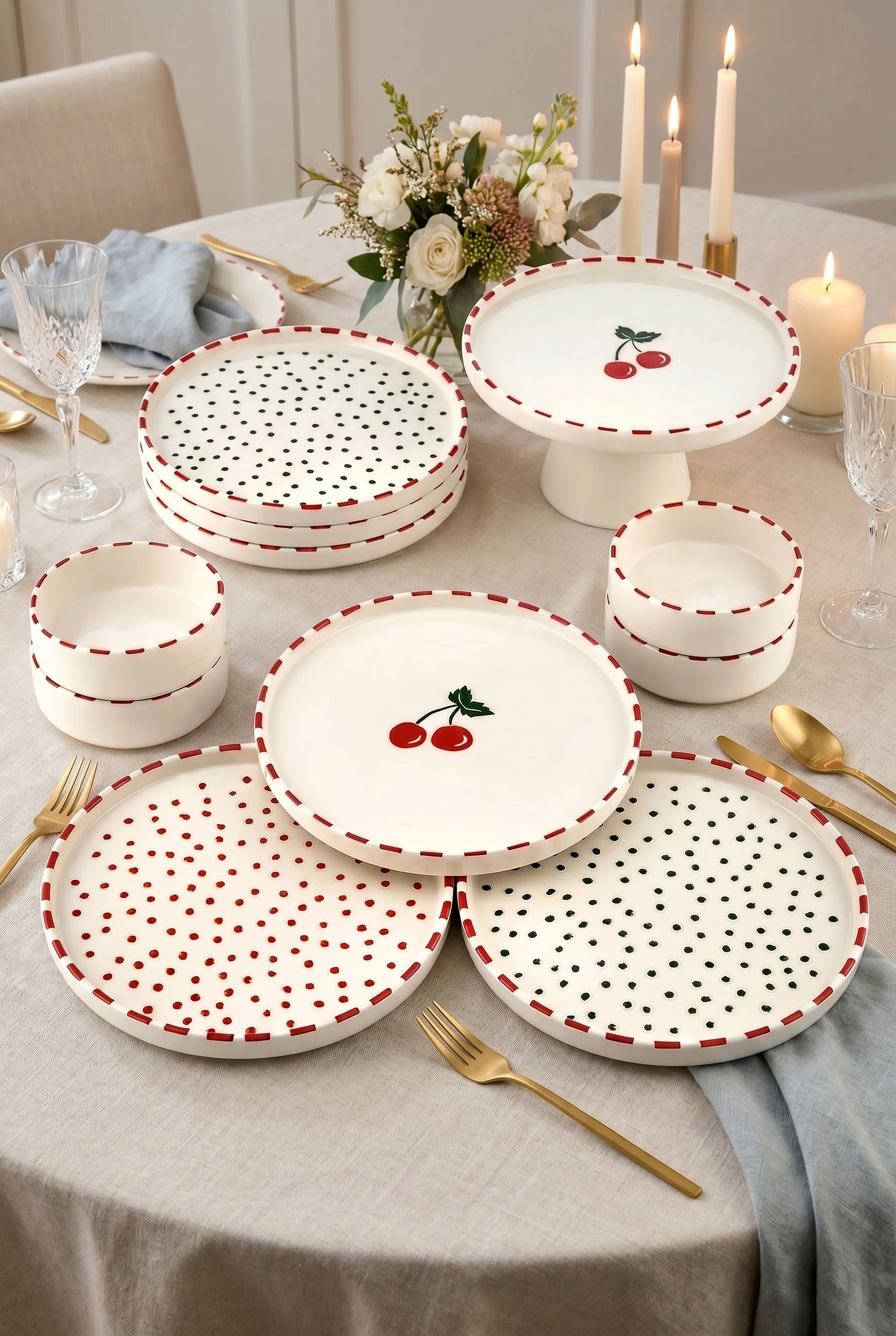 Kitchen Life 11 Parça 6 Kişilik Cherry Stackable Kahvaltı Takımı - Kirazlı Kahvaltılık Sunum Tabağı