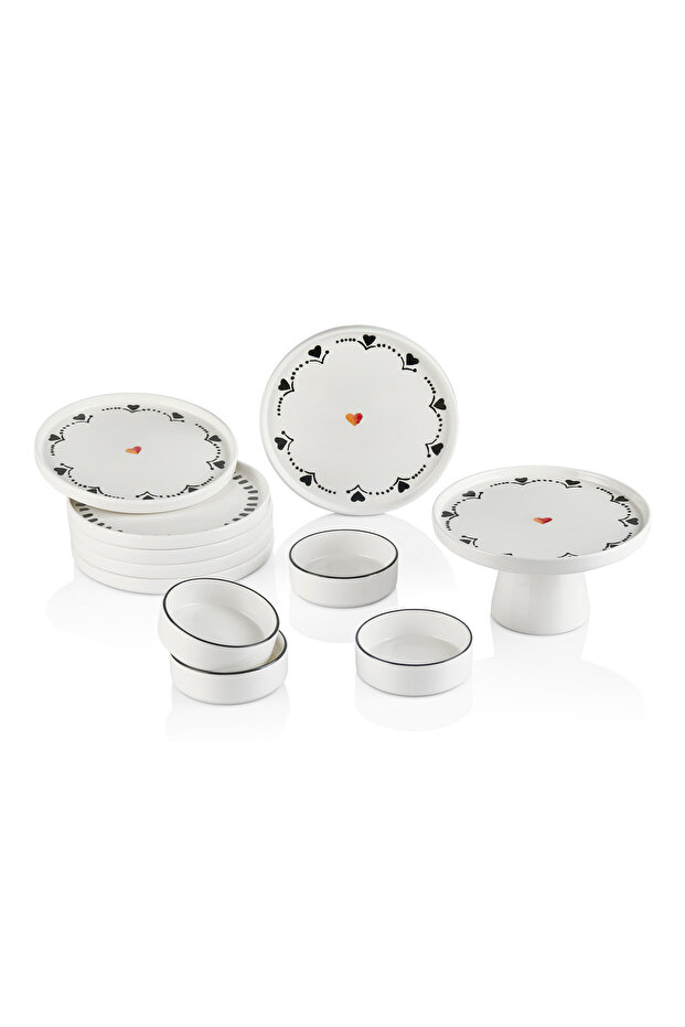 Kitchen Life Premium 11 Parça Black Hearts Ayaklı Sunum Standlı Kahvaltı Takımı - Handmade Kalpli Kahvaltı Takımı