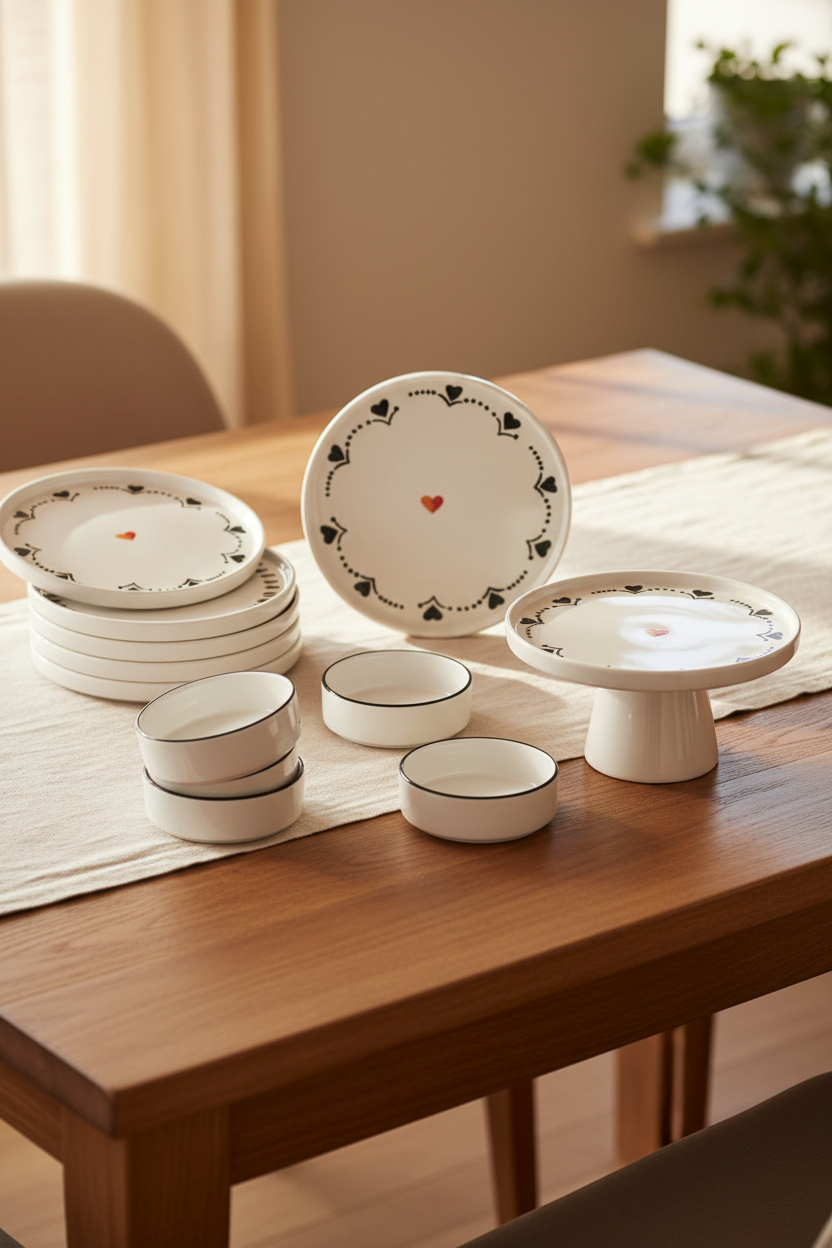 Kitchen Life Premium 11 Parça Black Hearts Ayaklı Sunum Standlı Kahvaltı Takımı - Handmade Kalpli Kahvaltı Takımı
