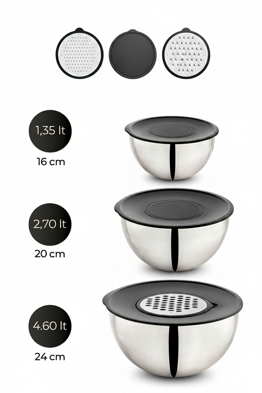 Kitchen Life Paslanmaz Çelik Profesyonelia 9 Parça Rendeli Karıştırma Kabı Ve Saklama Kabı Takımı Kase