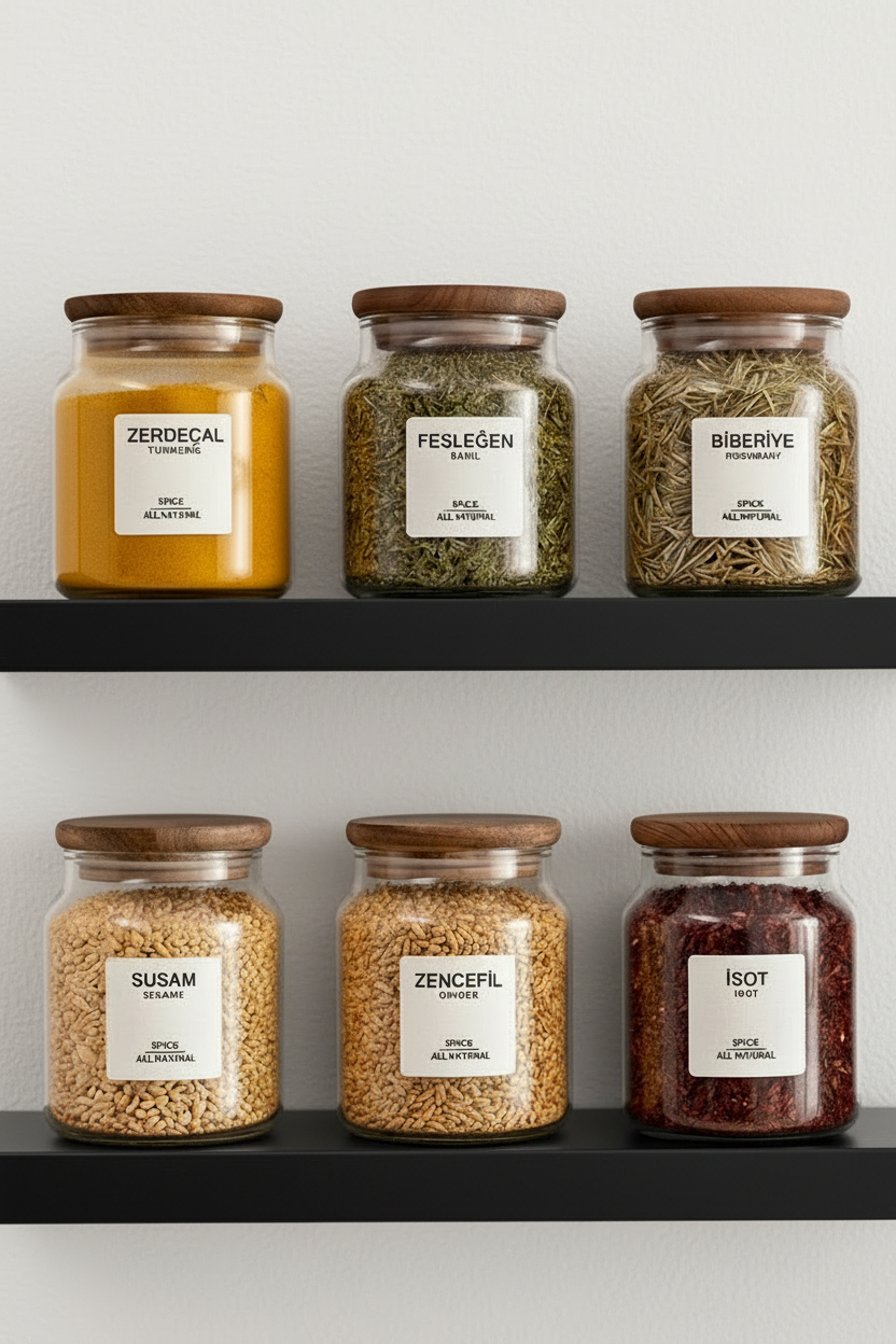 Kitchen Life 12'li Akasya Kapaklı Etiketli Cam Baharatlık Takımı Kavanoz 290 Ml