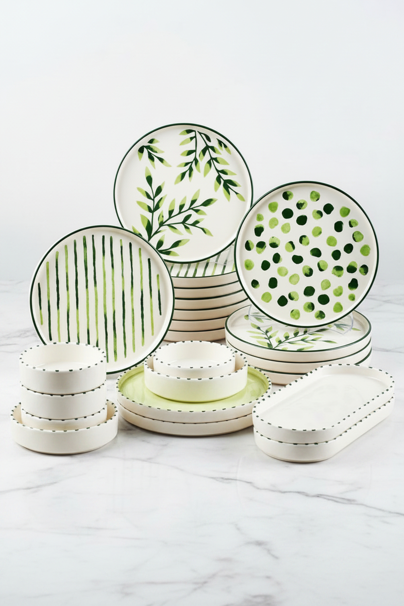 Kitchen Life 22 Parça 12 Kişilik Greentree Stackable Kahvaltı Takımı - Lüx Kahvaltılık Sunum Seti Tabağı