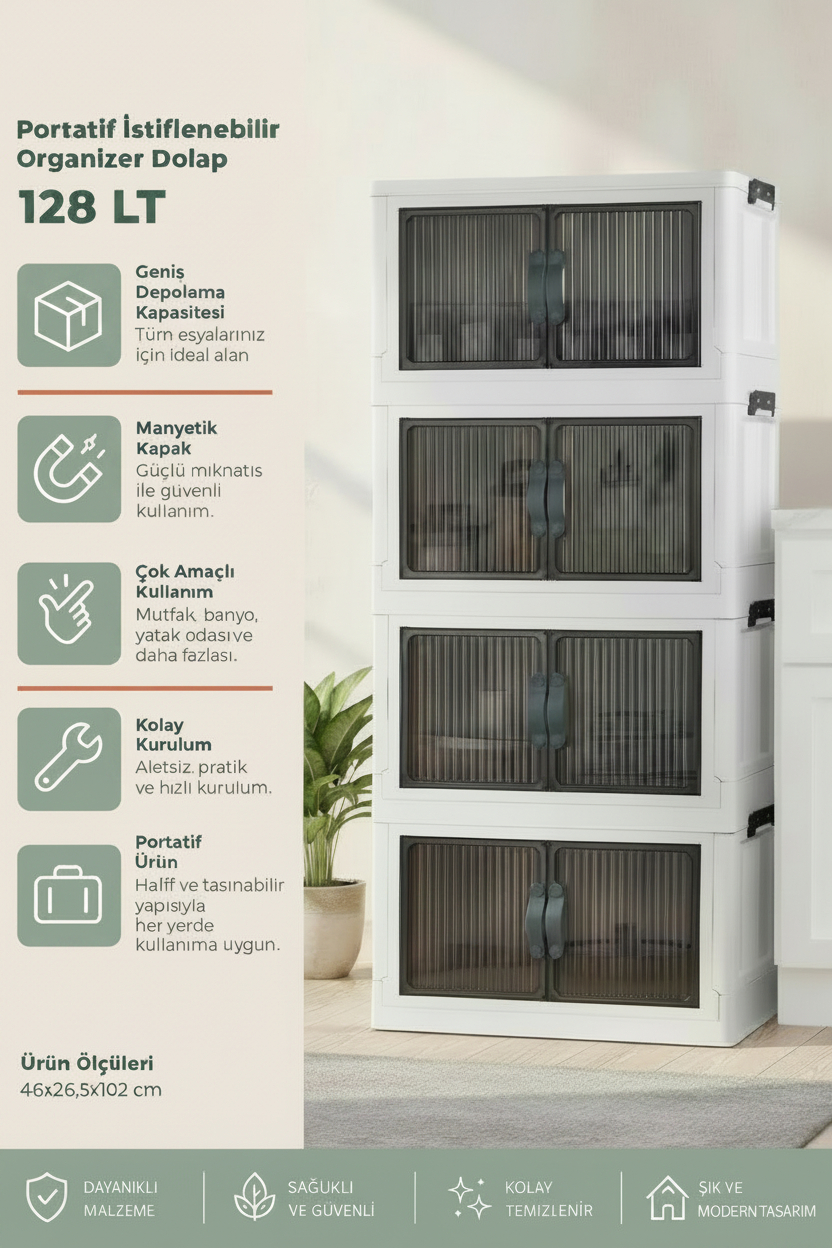 Kitchen Life 4'lü Portatif Istiflenebilir Organizer Mıknatıslı Kapaklı Dolap - Sert Plastik Mutfak Banyo Dolabı